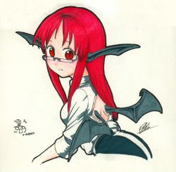 Rule 34 | 1girl, :/, back cutout, bare back, bat wings, blush, breasts, clothing cutout, head wings, isaki tanaka, koakuma, long hair, long sleeves, low wings, marker (medium), red eyes, red hair, shirt, simple background, skirt, sleeves rolled up, small breasts, solo, touhou, traditional media, white background, wings