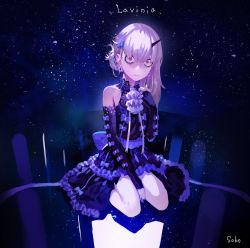 Rule 34 | 1girl, alternate costume, artist name, asymmetrical hair, bags under eyes, bare shoulders, between legs, blush, bow, character name, commentary request, constricted pupils, dress, earrings, elbow gloves, fate/grand order, fate (series), gloves, hair bow, hand between legs, highres, horns, jewelry, lavinia whateley (fate), long hair, looking at viewer, red eyes, silver hair, single horn, sitting, sky, sohn woohyoung, solo, star (sky), starry sky