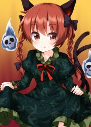 Rule 34 | 1girl, animal ears, black bow, black tail, bow, braid, cat ears, cat tail, closed mouth, dress, frilled dress, frills, gradient background, green dress, hair bow, highres, hitodama, holding, holding clothes, holding dress, kaenbyou rin, long sleeves, looking at viewer, medium hair, multiple tails, orange eyes, orange hair, red neckwear, red ribbon, ribbon, ruu (tksymkw), skull, smile, tail, touhou, twin braids, two tails