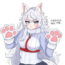 Rule 34 | 1girl, animal ears, animal hands, blue eyes, blush, breasts, chest harness, gloves, goddess of victory: nikke, harness, highres, long hair, medium breasts, paw gloves, paw pose, poli (nikke), sidelocks, solo, sweater, tail, tengt e, triangle mouth, very long hair, wavy hair, white hair