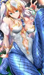 Rule 34 | 1girl, ahoge, animal ears, artoria pendragon (all), artoria pendragon (fate), artoria pendragon (swimsuit ruler) (fate), bare shoulders, blonde hair, blue neckwear, blue pantyhose, blush, braid, breasts, cleavage, closed mouth, clothing cutout, detached collar, fake animal ears, fate/grand order, fate (series), feather boa, fishnet pantyhose, fishnets, french braid, green eyes, highleg, highleg leotard, highres, knee up, large breasts, leotard, long hair, looking at viewer, medium breasts, navel cutout, nonohachi, pantyhose, playboy bunny, poker chip, ponytail, rabbit ears, sidelocks, sitting, smile, solo, thighs, tiara, white leotard, wrist cuffs