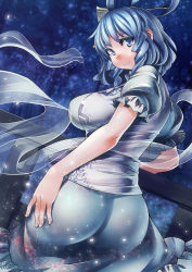 Rule 34 | 1girl, ass, blue dress, blue eyes, blue hair, blue theme, breasts, dress, female focus, floral print, hair ornament, hair rings, hair stick, huge ass, kaku seiga, large breasts, light particles, looking at viewer, looking back, matching hair/eyes, open clothes, open vest, puffy short sleeves, puffy sleeves, shawl, short sleeves, smile, solo, touhou, umigarasu (kitsune1963), vest, wide hips