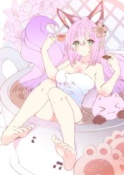 Rule 34 | 1girl, animal ear fluff, animal ears, azur lane, bare arms, bare legs, bare shoulders, barefoot, breasts, cleavage, closed mouth, collarbone, commentary request, cookie, cup, feet, flower, food, fox ears, fox girl, fox tail, green eyes, hair flower, hair ornament, hanazuki (azur lane), holding, holding cookie, holding cup, holding food, in container, in cup, knees together feet apart, long hair, looking at viewer, medium breasts, mini person, minigirl, moo (umineko), naked towel, pink hair, sidelocks, soles, solo, tail, tea, teacup, towel