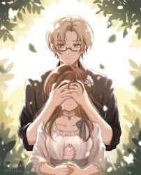 Rule 34 | 1boy, 1girl, black shirt, choker, collarbone, collared shirt, covering another&#039;s eyes, dress, flower, glasses, hair flower, hair ornament, highres, holding, holding flower, long hair, looking at viewer, mole, mole under eye, nirvelia, rosa (tears of themis), shirt, short hair, sleeves rolled up, tears, tears of themis, upper body, vyn richter (tears of themis), white choker, white dress, white flower, white shirt