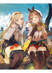 Rule 34 | 2girls, :t, apple, atelier (series), atelier ryza, atelier ryza 1, belt, blonde hair, boots, breasts, bright pupils, brown eyes, brown hair, brown legwear, burger, day, dress, eating, elbow gloves, food, fruit, gloves, green eyes, hair ornament, hairband, hairclip, hat, highres, klaudia valentz, long hair, medium breasts, multiple girls, official art, one eye closed, outdoors, page number, pantyhose, partially fingerless gloves, reisalin stout, short dress, short shorts, shorts, single glove, single sidelock, sitting, smile, thigh boots, thighhighs, thighhighs under boots, toridamono, white gloves