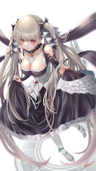 Rule 34 | 1girl, absurdres, azur lane, between breasts, black dress, black footwear, black nails, blush, breasts, cleavage, collar, collarbone, dress, formidable (azur lane), grey hair, hair ornament, hair ribbon, highres, holding, holding clothes, holding dress, jewelry, large breasts, long hair, looking at viewer, nail polish, necktie, necktie between breasts, open mouth, red eyes, ribbon, shoes, simple background, solo, standing, twintails, two-tone dress, two-tone ribbon, very long hair, white background, white dress, yam (yam6056)