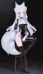 Rule 34 | 1girl, absurdres, animal ear fluff, animal ears, black thighhighs, breasts, collar, elbow gloves, facial mark, fox ears, fox girl, fox tail, gloves, highres, leotard, long hair, looking at viewer, red eyes, saaal653, sewayaki kitsune no senko-san, shiro (sewayaki kitsune no senko-san), short eyebrows, sitting, skin tight, small breasts, solo, swimsuit, tail, thick eyebrows, thighhighs, whisker markings