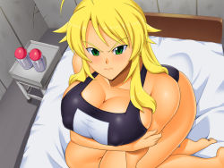 Rule 34 | 1girl, angry, bed, blonde hair, breast hold, breasts, covered erect nipples, female focus, green eyes, hoshii miki, huge breasts, idolmaster, idolmaster (classic), kawanuma uotsuri, one-piece swimsuit, sitting, solo, swimsuit