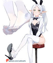 Rule 34 | 1girl, alternate costume, artist name, blush, closed mouth, earrings, feet, frieren, green eyes, jewelry, leotard, long hair, looking at viewer, parted bangs, playboy bunny, pointy ears, sidelocks, simple background, sitting, smile, solo, sousou no frieren, sydus, toes, twintails, white background, white hair