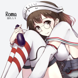 Rule 34 | 10s, 1girl, ascot, blunt bangs, breasts, brown eyes, brown hair, capelet, character name, colis (regunm772), dated, detached sleeves, eggplant, eyewear strap, glasses, kantai collection, knees up, large breasts, legs together, looking at viewer, pince-nez, roma (kancolle), sideboob, simple background, solo, striped clothes, striped thighhighs, thighhighs, wavy hair, white thighhighs