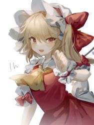 Rule 34 | 1girl, ascot, blonde hair, blush, bow, commentary, dress, fang, flandre scarlet, frilled shirt collar, frills, hand up, hat, hat bow, highres, looking at viewer, mob cap, one side up, open mouth, orange eyes, puffy short sleeves, puffy sleeves, red bow, red dress, red eyes, sash, short hair, short sleeves, sideways glance, simple background, smile, smug, solo, sorani (kaeru0768), touhou, tsurime, v-shaped eyebrows, white background, white bow, white hat, white sash, wings, wrist cuffs, yellow ascot