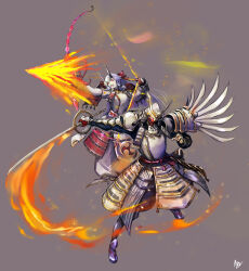 Rule 34 | 152 in can, 1boy, 1girl, absurdres, armor, arrow (projectile), bow (weapon), drawing bow, fate/grand order, fate/samurai remnant, fate (series), fingerless gloves, flaming arrow, flaming sword, flaming weapon, gloves, grey background, grey hair, helmet, highres, holding, holding bow (weapon), holding weapon, horns, husband and wife, japanese armor, kabuto (helmet), katana, long hair, mask, mitsudomoe (shape), oni horns, pauldrons, red eyes, red mask, rogue saber (fate/samurai remnant), shoulder armor, single pauldron, sword, tomoe (symbol), tomoe gozen (fate), weapon