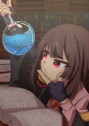 Rule 34 | 1girl, arm up, black cloak, black gloves, book, bookshelf, brown hair, cloak, commentary request, diagonal-striped clothes, diagonal-striped necktie, fingerless gloves, flask, gloves, glowing, glowing eyes, hand on own face, highres, holding, holding flask, horosui, indoors, kono subarashii sekai ni shukufuku wo!, library, long sleeves, looking up, megumin, necktie, o3o, open book, orange necktie, pink shirt, raised eyebrows, red eyes, red prison magic school uniform, school uniform, shirt, short hair, solo, striped clothes, upper body