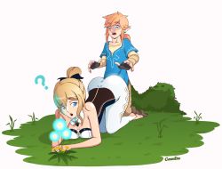 Rule 34 | 1boy, 1girl, anal, blonde hair, blue eyes, creambee, feet, genshin impact, grass, heart, jean (genshin impact), link, looking back, nintendo, open mouth, outdoors, ponytail, question mark, see-through, surprised, the legend of zelda, the legend of zelda: breath of the wild