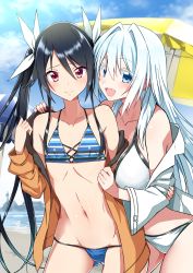 Rule 34 | 2girls, :d, beach, bikini, black hair, blue bikini, blue eyes, blue sky, breasts, closed mouth, cloud, commentary request, day, flat chest, hair ribbon, highres, large breasts, long hair, looking at viewer, multiple girls, navel, ocean, open mouth, ore twintail ni narimasu, outdoors, parasol, red eyes, ribbon, sky, smile, swimsuit, tsube aika, twintails, twoearle, umbrella, white bikini, white hair, white ribbon, yuto (dialique)