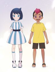 Rule 34 | 1boy, 1girl, :d, alternate hair length, alternate hairstyle, aqua eyes, black hair, blush, closed mouth, commentary request, cowlick, creatures (company), dress, eyelashes, game freak, grey background, highres, knees, liko (pokemon), looking at viewer, nintendo, open mouth, pokemon, pokemon (anime), pokemon horizons, rei hinketsu, roy (pokemon), sandals, shirt, shoes, short sleeves, shorts, smile, socks, standing, t-shirt, teeth, toes, tongue, upper teeth only, white footwear, white socks, yellow shirt