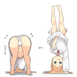 1girl :p absurdres all_fours ass blonde_hair blue_eyes cleft_of_venus covering_privates handstand highres kneepits lab_coat long_hair lycoris_challenge_(meme) meme navel necktie nichijou one_arm_handstand panties professor_shinonome pussy red_necktie simple_background thick_thighs thighs tongue tongue_out underwear upside-down white_background white_panties zlix0n