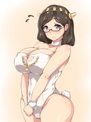 Rule 34 | 10s, 1girl, bad id, bad pixiv id, blue eyes, blush, breasts, breasts squeezed together, brown hair, cameltoe, cleavage, cleavage cutout, cleft of venus, clothing cutout, curvy, glasses, gradient background, hairband, highres, kantai collection, kirishima (kancolle), large breasts, leotard, moisture (chichi), nontraditional miko, personification, playboy bunny, rabbit tail, semi-rimless eyewear, short hair, simple background, smile, solo, tail, under-rim eyewear, wrist cuffs