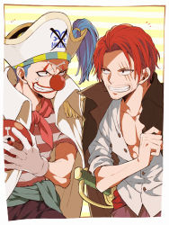Rule 34 | 2boys, black cape, black eyes, blue hair, bomb, buggy the clown, cape, clenched teeth, clown nose, explosive, facial hair, facial tattoo, gloves, grin, hat, highres, hoyano (maimai), looking at another, male focus, multiple boys, one piece, pirate, pirate hat, red hair, scar, scar across eye, scar on face, shanks (one piece), short hair, smile, sword, tagme, tattoo, teeth, weapon, white gloves