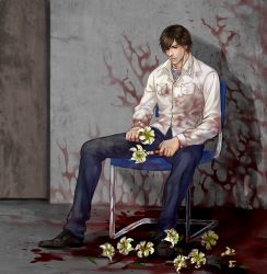 Rule 34 | 1boy, absurdres, anderain, blood on flower, blood on ground, blood on wall, boxcutter, brown eyes, brown hair, denim, facial hair, flower, henry townshend, highres, jeans, lily (flower), looking down, male focus, pants, silent hill, silent hill (series), silent hill 4: the room, sitting, solo, stubble