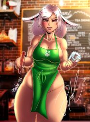 Rule 34 | 1girl, absurdres, apron, artist logo, artist name, blush, breasts, bunny blasty, bunny blasty (1st costume), cleavage, collarbone, cowboy shot, cup, dark-skinned female, dark skin, ears down, extra eyes, eyebrows, eyelashes, female focus, green apron, grin, hands up, hector 076, highres, holding, holding cup, indie virtual youtuber, large breasts, lips, long hair, looking at viewer, muscular, muscular female, naughty face, parted lips, red eyes, smile, solo, standing, tall female, teeth, thighs, virtual youtuber, white hair, wide hips