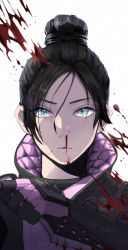 Rule 34 | 1girl, animification, apex legends, black legwear, blood, blue eyes, gloves, hair bun, highres, holding, holding knife, knife, kunai, nose piercing, nosebleed, parted bangs, parted lips, piercing, pink gloves, portrait, single hair bun, solo, tsunami (hagoromo27), void specialist wraith, weapon, white background, wraith&#039;s kunai, wraith (apex legends)