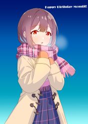 Rule 34 | 1girl, :o, absurdres, blue background, blue hair, blunt bangs, breath, brown hair, character name, coat, colored inner hair, commentary, english text, gradient background, happy birthday, highres, hozuki momiji, long sleeves, looking at viewer, mittens, multicolored hair, onii-chan wa oshimai!, open mouth, pa panahana, plaid, plaid scarf, red eyes, scarf, simple background, solo, two-tone hair, winter clothes, winter coat, yellow coat