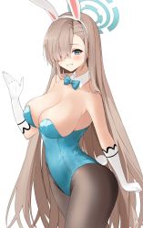 Rule 34 | 1girl, :d, absurdres, animal ears, asuna (blue archive), asuna (bunny) (blue archive), bare shoulders, blue archive, blue bow, blue bowtie, blue eyes, blue leotard, blush, bow, bowtie, breasts, brown hair, brown pantyhose, cleavage, collarbone, commentary request, detached collar, dorok, elbow gloves, fake animal ears, fake tail, gloves, grin, hair over one eye, hairband, halo, hand up, highres, large breasts, leotard, long hair, mole, mole on breast, open mouth, pantyhose, playboy bunny, rabbit ears, rabbit tail, simple background, smile, solo, straight hair, strapless, strapless leotard, tail, teeth, traditional bowtie, very long hair, white background, white gloves, white hairband