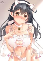 Rule 34 | 10s, 1girl, animal ears, bare shoulders, bell, neck bell, black hair, blush, bra, breasts, brown eyes, cat cutout, cat ear panties, cat ears, cat lingerie, choker, cleavage, cleavage cutout, clothing cutout, collarbone, covered erect nipples, fake animal ears, hairband, hand on own chest, jingle bell, kantai collection, large breasts, leaning forward, looking at viewer, meme attire, navel, nose blush, panties, ribbon choker, side-tie panties, solo, underwear, underwear only, ushio (kancolle), white bra, white panties, yappen, yatsu (sasuraino)