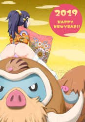 Rule 34 | 1girl, 2019, ass, blue eyes, blue hair, chinese zodiac, creatures (company), curvy, dated, dawn (pokemon), fangs, game freak, gen 2 pokemon, gen 4 pokemon, gouguru, happy new year, huge ass, japanese clothes, kimono, long hair, looking at viewer, looking back, mamoswine, new year, nintendo, panties, partially visible vulva, piloswine, pokemon, pokemon (anime), pokemon (creature), ponytail, shiny skin, sky, spread legs, swinub, thong, underwear, white legwear, year of the pig