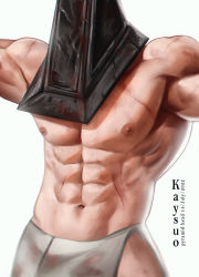 Rule 34 | 1boy, abs, artist name, bara, biceps, character name, dated, dead by daylight, flexing, helmet, highres, kaysuoae, large pectorals, male focus, muscular, muscular male, navel, nipples, pectorals, pyramid head, silent hill (series), silent hill 2, simple background, solo, topless male, white background