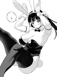 Rule 34 | 1girl, ?, animal ears, arms up, black hair, black leotard, black thighhighs, breasts, cleavage, closed mouth, commentary, dot mouth, fake animal ears, fake tail, greyscale, highres, knees up, large breasts, legs, leotard, long hair, looking at viewer, monochrome, original, playboy bunny, rabbit ears, rabbit pose, rabbit tail, riki (riki unc), simple background, solo, spoken question mark, strapless, strapless leotard, symbol-only commentary, tail, thighhighs, thighs, twintails, white background, wrist cuffs