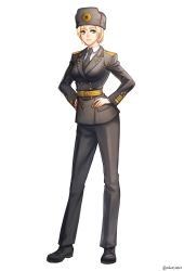 Rule 34 | 1girl, aken, black footwear, black necktie, blonde hair, blue eyes, breasts, closed mouth, dungeon and fighter, epaulettes, formal, full body, hands on own hips, hat, highres, large breasts, long sleeves, looking at viewer, military, military uniform, necktie, pant suit, pants, pointy ears, shoes, short hair, smile, solo, standing, suit, uniform