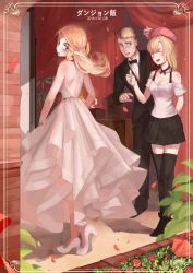 Rule 34 | 1boy, 2girls, back, backless dress, backless outfit, bare back, bare shoulders, beret, blonde hair, blue eyes, blush, bow, bowtie, braid, breasts, brother and sister, choker, copyright name, dress, dungeon meshi, elf, falin touden, falin touden (tallman), farin (dungeon meshi), formal, hair ribbon, hat, high heels, highres, laios (dungeon meshi), long hair, looking back, marcille donato, marushiru, medium breasts, multiple girls, open mouth, pointy ears, qb, ribbon, short hair, siblings, skirt, smile, suit, traditional bowtie, tuxedo