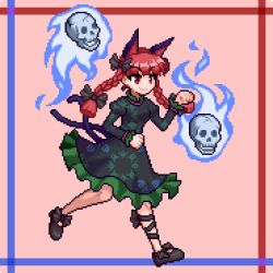 Rule 34 | 1girl, animal ears, black bow, black footwear, black ribbon, black tail, bow, braid, cat ears, cat tail, clenched hands, closed mouth, dress, extra ears, footwear bow, full body, green dress, hair bow, hitodama, juliet sleeves, kaenbyou rin, leg ribbon, long hair, long sleeves, looking ahead, multiple tails, pink background, pixel art, puffy sleeves, red eyes, red hair, ribbon, running, shoes, side braids, skull, smile, tail, touhou, tsukimiya toito, twin braids, two tails, v-shaped eyebrows