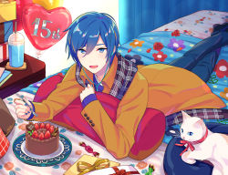 Rule 34 | 1boy, :d, akiyoshi (tama-pete), anniversary, balloon, blue eyes, blue hair, cake, candy, cat, commentary, earplugs, food, fork, fruit, gift, heart balloon, indoors, jacket, kaito (vocaloid), looking at viewer, lying, male focus, on bed, on stomach, open mouth, short hair, smile, solo, strawberry, vocaloid, white cat