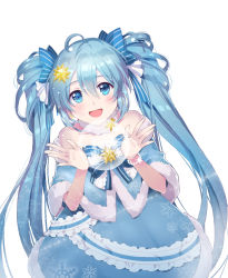 Rule 34 | 1girl, ahoge, bare shoulders, blue bow, blue eyes, blue hair, blush, bow, commentary request, dress, hair bow, hatsune miku, highres, jokanhiyou, neck ruff, off-shoulder dress, off shoulder, open mouth, simple background, smile, solo, twintails, vocaloid, white background