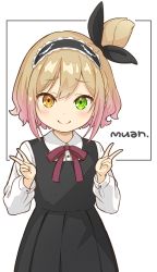 Rule 34 | 1girl, absurdres, black dress, black ribbon, bow, braid, brown eyes, brown hair, character name, closed mouth, collared shirt, commentary request, double v, dress, dress shirt, green eyes, hair bun, hair ribbon, hands up, heterochromia, highres, ibara muan, indie virtual youtuber, jigatei (omijin), mask, mask on head, pinafore dress, pleated dress, purple bow, ribbon, school uniform, shirt, sleep mask, sleeveless, sleeveless dress, smile, solo, v, virtual youtuber, white background, white shirt