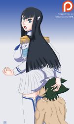 Rule 34 | 10s, 1boy, 1girl, artist name, ass, black hair, blue eyes, breasts, brown hair, clenched hand, clothed female nude male, femdom, highres, hsk, huge ass, junketsu, kill la kill, kiryuuin satsuki, large breasts, long hair, looking back, looking down, nude, open mouth, patreon, school uniform, short hair, sideboob, skirt, thighhighs, watermark, web address