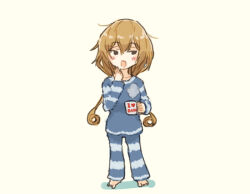 1girl alternate_costume blonde_hair blue_pajamas blue_pants blue_shirt bug facing_viewer kantai_collection long_hair low_ponytail pajamas pants saiguchi_otoufu shirt sideways_glance simple_background solo striped_clothes striped_pants valiant_(kancolle) white_background yawning