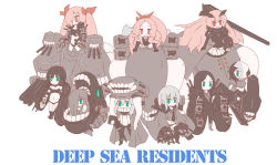 Rule 34 | 10s, 6+girls, abyssal ship, anchorage oni, aqua eyes, armored aircraft carrier oni, armored aircraft carrier princess, bad id, bad pixiv id, black hair, bodysuit, cape, chi-class torpedo cruiser, chibi, elbow gloves, gloves, green-flog, hair over one eye, hair ribbon, highres, kantai collection, midriff, monster, multiple girls, navel, open mouth, pale skin, personification, pink hair, ponytail, red eyes, ri-class heavy cruiser, ribbon, ru-class battleship, silver hair, southern ocean oni, southern ocean war oni, staff, swimsuit, ta-class battleship, tetsu yuusei, turret, twintails, wo-class aircraft carrier, yo-class submarine