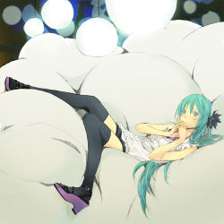 Rule 34 | aqua eyes, aqua hair, black feathers, black thighhighs, blouse, earbuds, earphones, feather hair ornament, feathers, hair down, hair ornament, hatsune miku, headphones, high heels, interlocked fingers, long hair, lying, open shoes, own hands together, sandals, shirt, shoes, solo, textless version, thighhighs, vocaloid, white shirt, yoshito