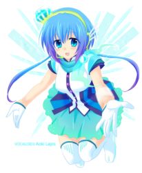 Rule 34 | 1girl, aoki lapis, blue eyes, blue hair, blush, character name, diamond (gemstone), gloves, headset, long hair, matching hair/eyes, outstretched hand, scarf, skirt, solo, terai arina, thighhighs, twintails, vocaloid, white gloves, white thighhighs