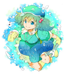 Rule 34 | 1girl, blue eyes, blue hair, boots, gloves, hair bobbles, hair ornament, hat, ichizen (o tori), kawashiro nitori, matching hair/eyes, smile, solo, touhou, twintails, two side up, underwater, wrench