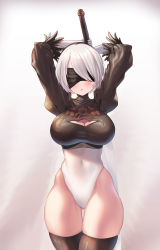Rule 34 | 1girl, absurdres, arms up, bare hips, black hairband, black thighhighs, blindfold, blush, breasts, cleavage, cleavage cutout, clothing cutout, covered eyes, covered navel, elbow gloves, elsynien, facing viewer, gloves, gluteal fold, gradient background, hairband, highleg, highleg leotard, highres, holding, holding sword, holding weapon, impossible clothes, impossible leotard, large breasts, leotard, long sleeves, looking at viewer, nier (series), nier:automata, parted lips, short hair, silver hair, skindentation, solo, sword, thigh gap, thighhighs, thighs, two-tone leotard, weapon, white gloves, 2b (nier:automata)