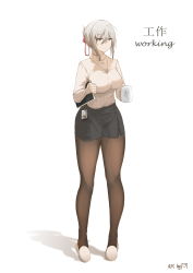Rule 34 | 1girl, :|, absurdres, artist logo, bad id, bad pixiv id, black skirt, breasts, brown eyes, brown pantyhose, closed mouth, coffee mug, copyright request, cup, expressionless, full body, grey hair, hair between eyes, hair bun, hair ribbon, highres, holding, holding cup, holding notebook, id card, jewelry, lanyard, large breasts, long bangs, miniskirt, mug, necklace, notebook, office lady, pantyhose, red ribbon, ribbed sweater, ribbon, shadow, shi jie, sidelocks, signature, single hair bun, skirt, slippers, solo, standing, sweater, sweater tucked in, turtleneck, turtleneck sweater, white footwear, white sweater