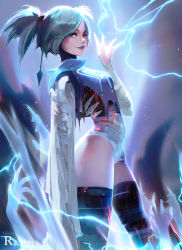 Rule 34 | 1girl, blue eyes, blue hair, blue lips, blue theme, breasts, electricity, goth fashion, hand up, lips, lipstick, looking at viewer, makeup, medium hair, ross tran, small breasts, thighs