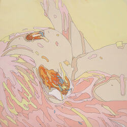 Rule 34 | 1girl, absurdres, acrylic paint (medium), album cover, arm up, cover, dissolving, flat chest, flat color, highres, ligne claire, long hair, melting eyes, multicolored eyes, nude, open mouth, orange eyes, original, painting (medium), pink hair, samehoshi, simple background, solo, surreal, traditional media, upper body, yellow background