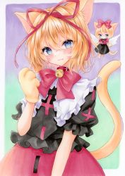 Rule 34 | 2girls, animal ears, animal hands, black shirt, black skirt, blonde hair, blue eyes, bow, bowtie, cat ears, cat paws, cat tail, closed mouth, cowboy shot, highres, looking at viewer, medicine melancholy, multiple girls, natsume nadeshiko, red bow, red bowtie, red shirt, red skirt, shirt, short hair, short sleeves, skirt, standing, su-san, tail, touhou, white wings, wings
