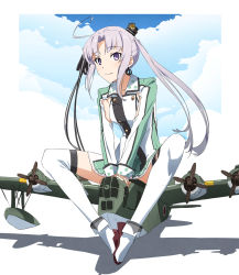 Rule 34 | 10s, 1girl, ahoge, aircraft, airplane, akitsushima (kancolle), day, earrings, feet together, flying boat, hair ribbon, hat, jewelry, kantai collection, knees apart feet together, light smile, long hair, long sleeves, military, military uniform, mini hat, miniskirt, nishikitaitei-chan, purple eyes, purple hair, ribbon, side ponytail, sitting, skirt, sky, thighhighs, uniform, white thighhighs, yachimoto
